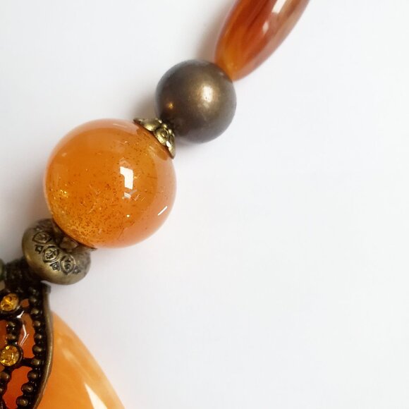 Gorgeous Vintage Autumn Amber Glass Statement Necklace Beads Stones Rustic Chain - Picture 5 of 9